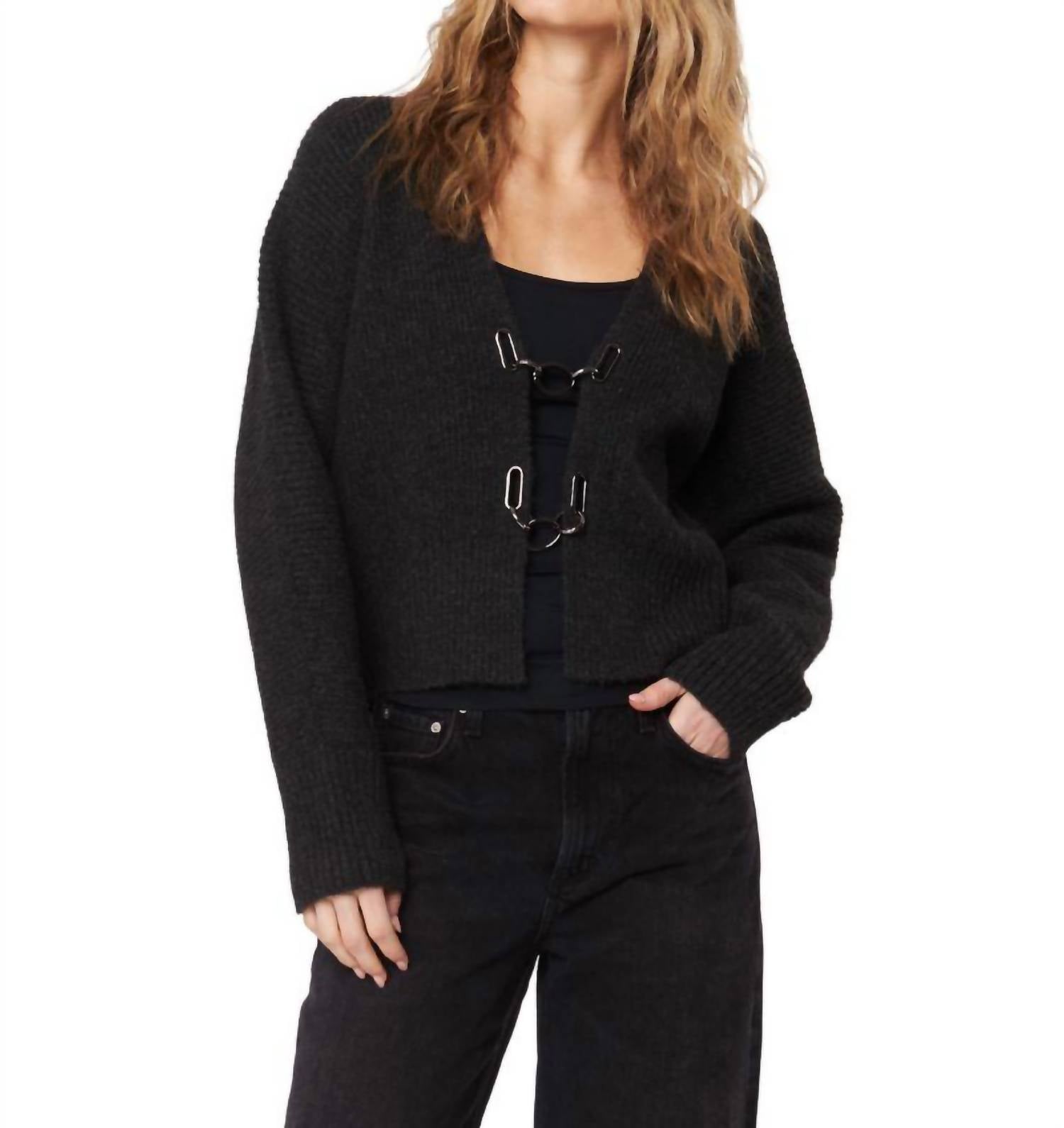 JOHN + JENN Sasha Clasp Cardigan in london fog - women's cardigan - detail view