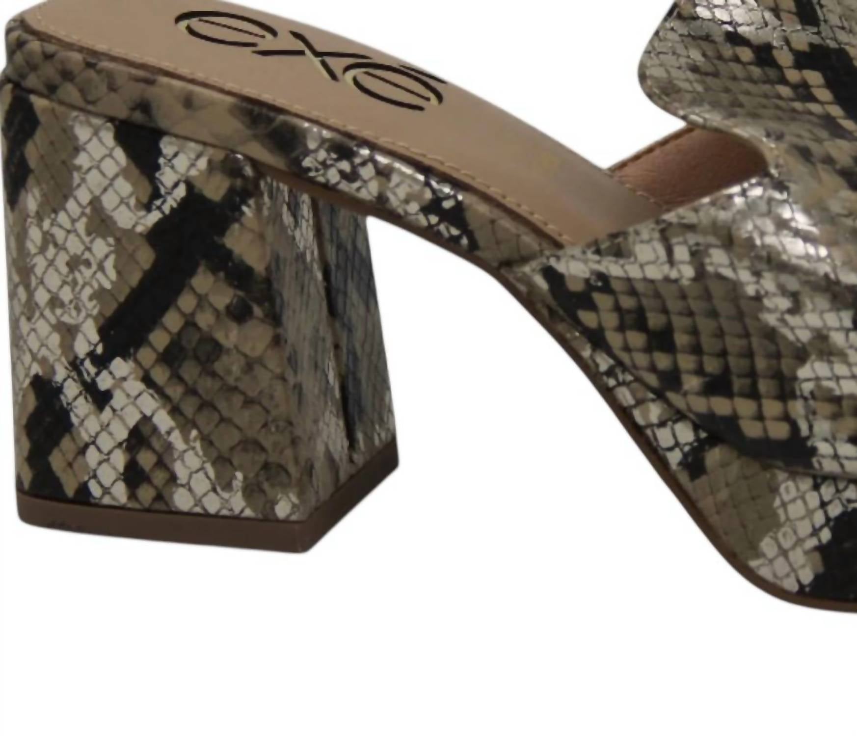 Exe Women's Lina Chunk Heel Sandal in beige snake combo - women's heels - detail view