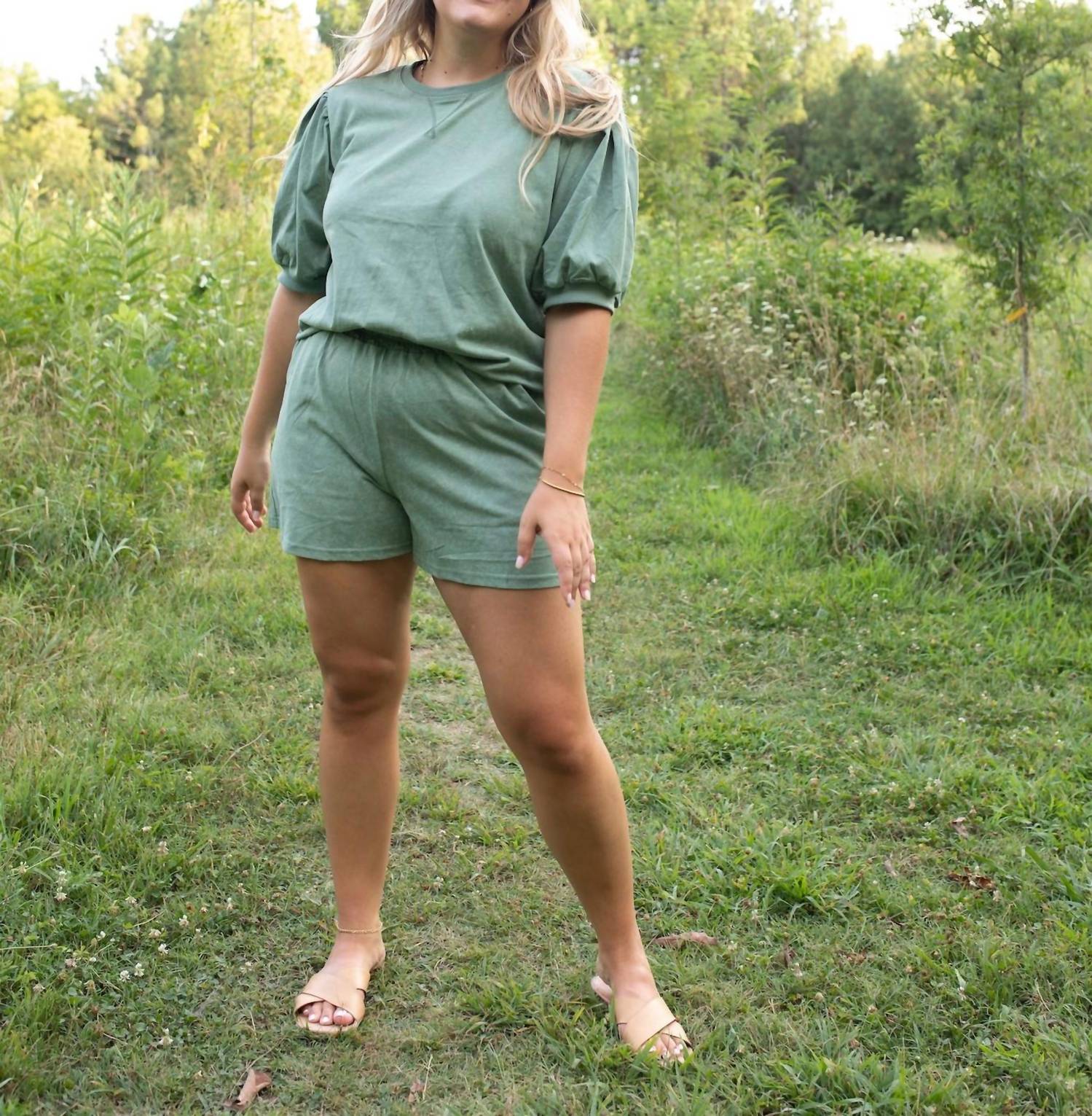 DAVI & DANI Easy Days Puff Sleeve Short Set in green - women's sleepwear