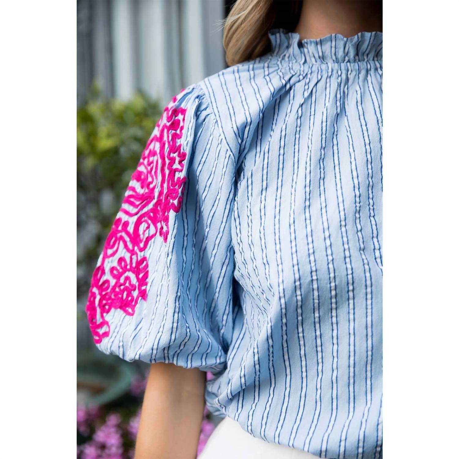 Thml - Embroidered Puff Sleeve Striped Top