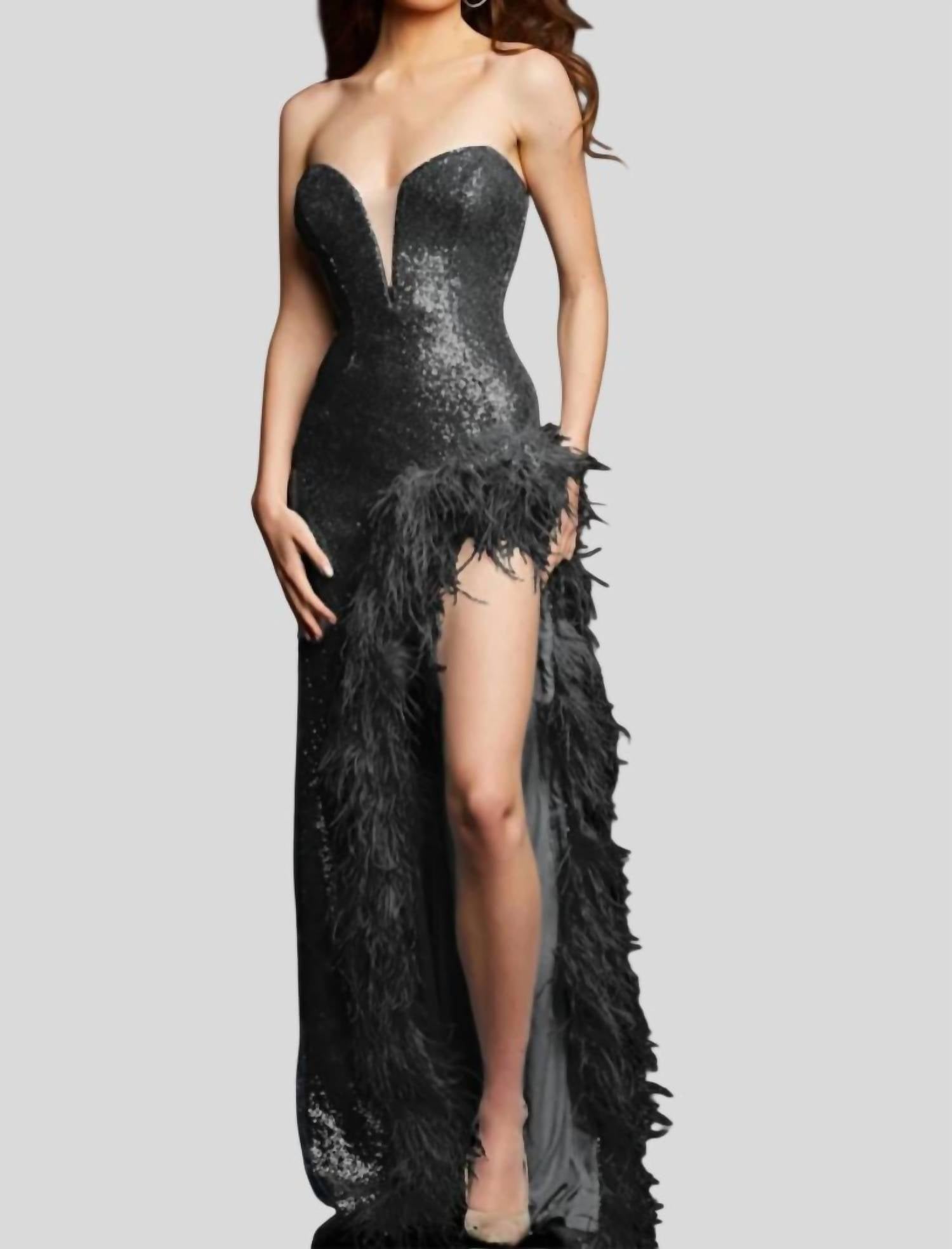 Jovani - Strapless High Slit Sequin Gown