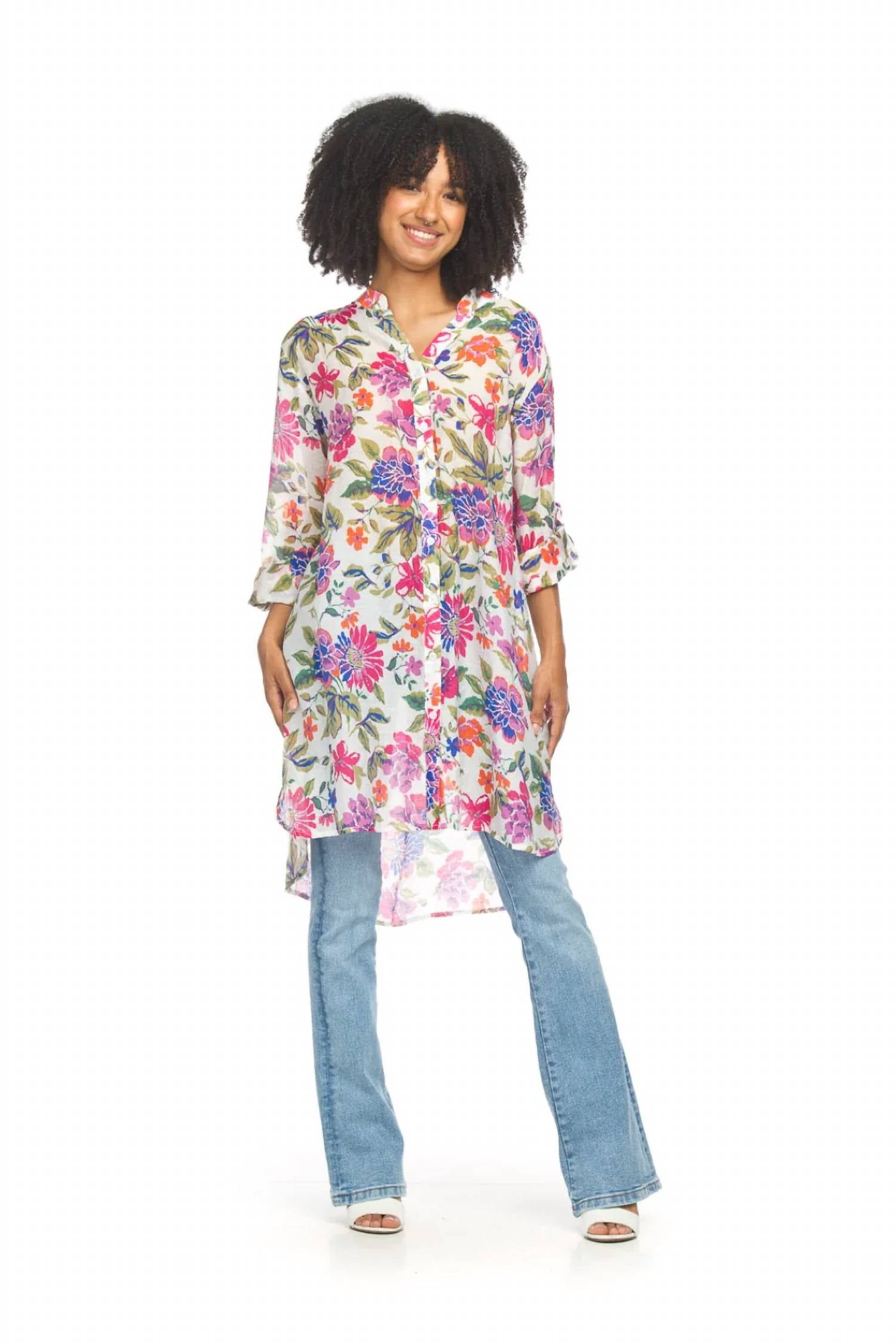 Papillon - Floral Button Front Tunic With Tab Sleeves