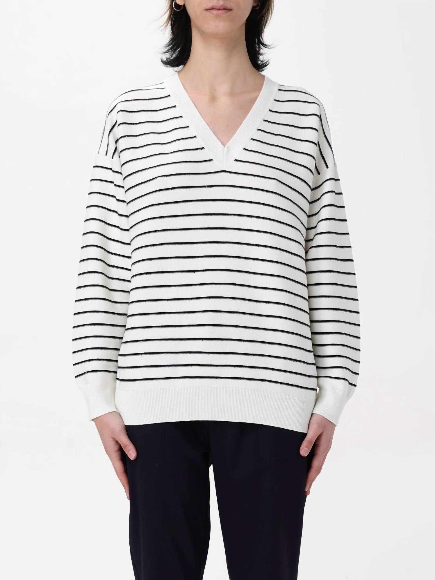 Lorena Antoniazzi Women's V Neck Sweater in white black - women's sweater