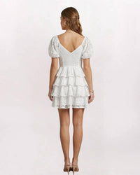 Olivaceous - Puff Sleeve Tiered Lace Dress