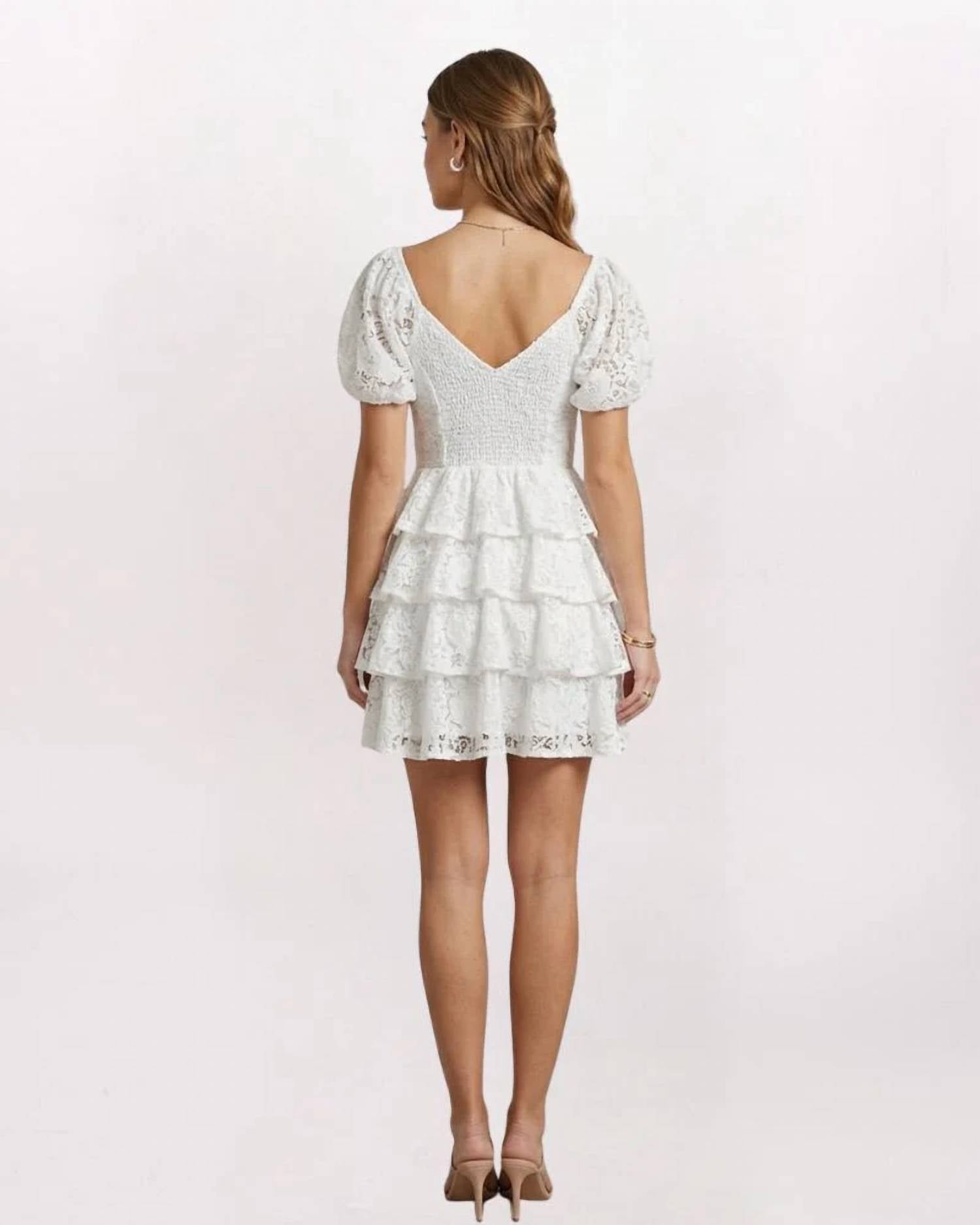 Olivaceous - Puff Sleeve Tiered Lace Dress
