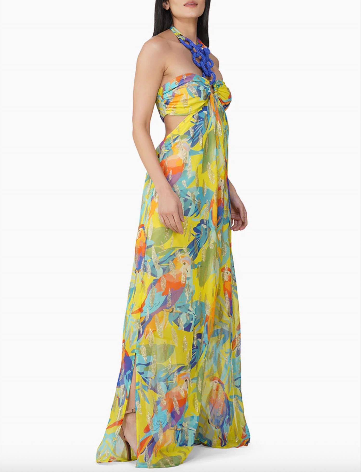 America & Beyond - Peru Tropic Lurex Printed Halter Dress