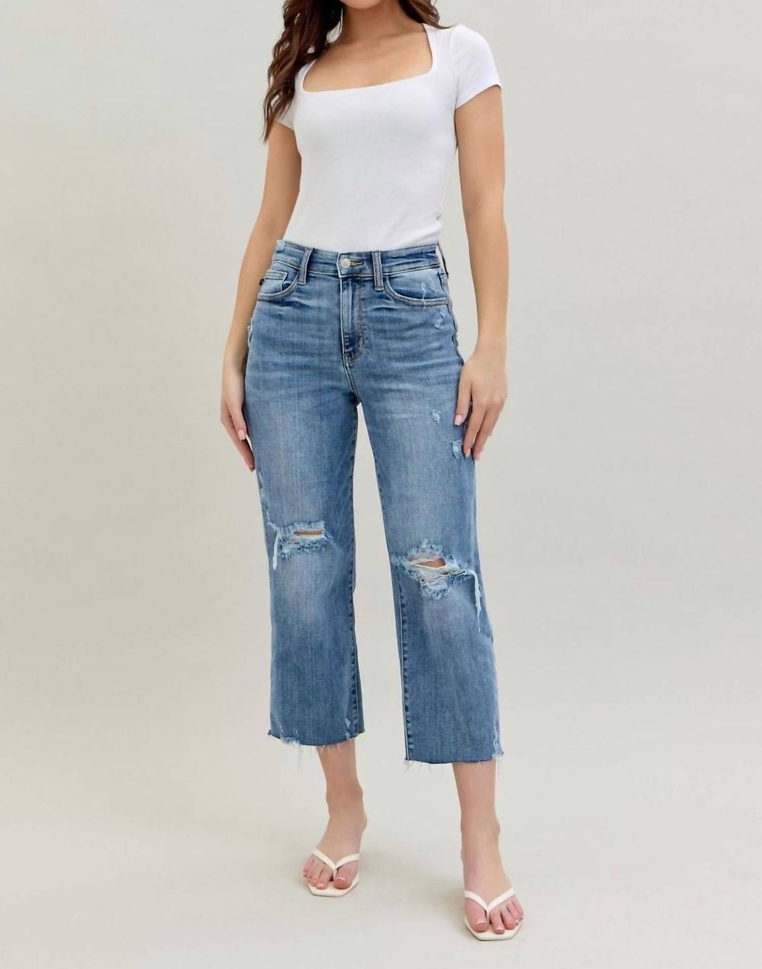 Judy Blue High Waist Destroy Wide Leg Crop Denim Jeans in light blue - women's jeans - view 5
