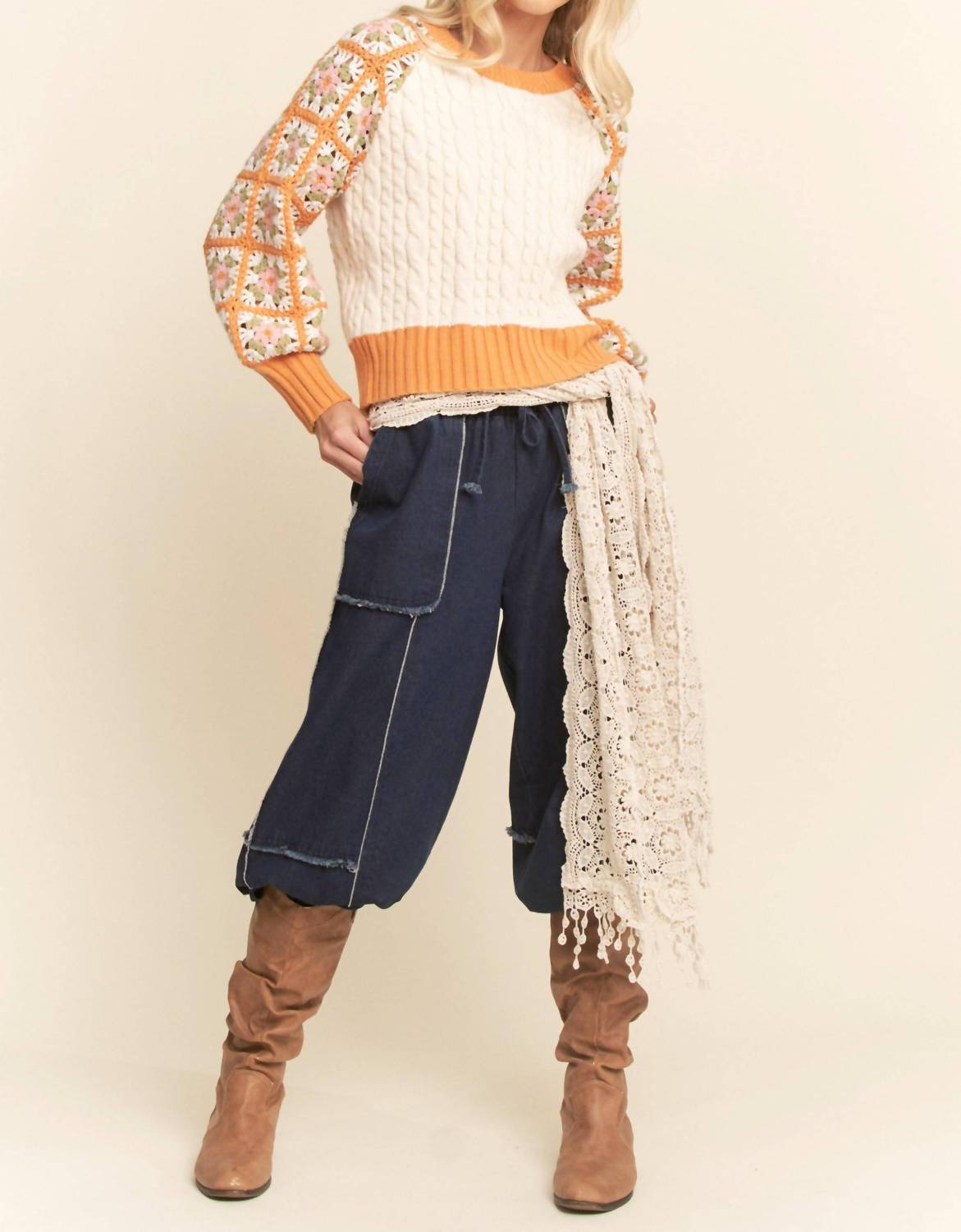 Davi & Dani - Cable Knit Ribbed Cuffs Sweater Top