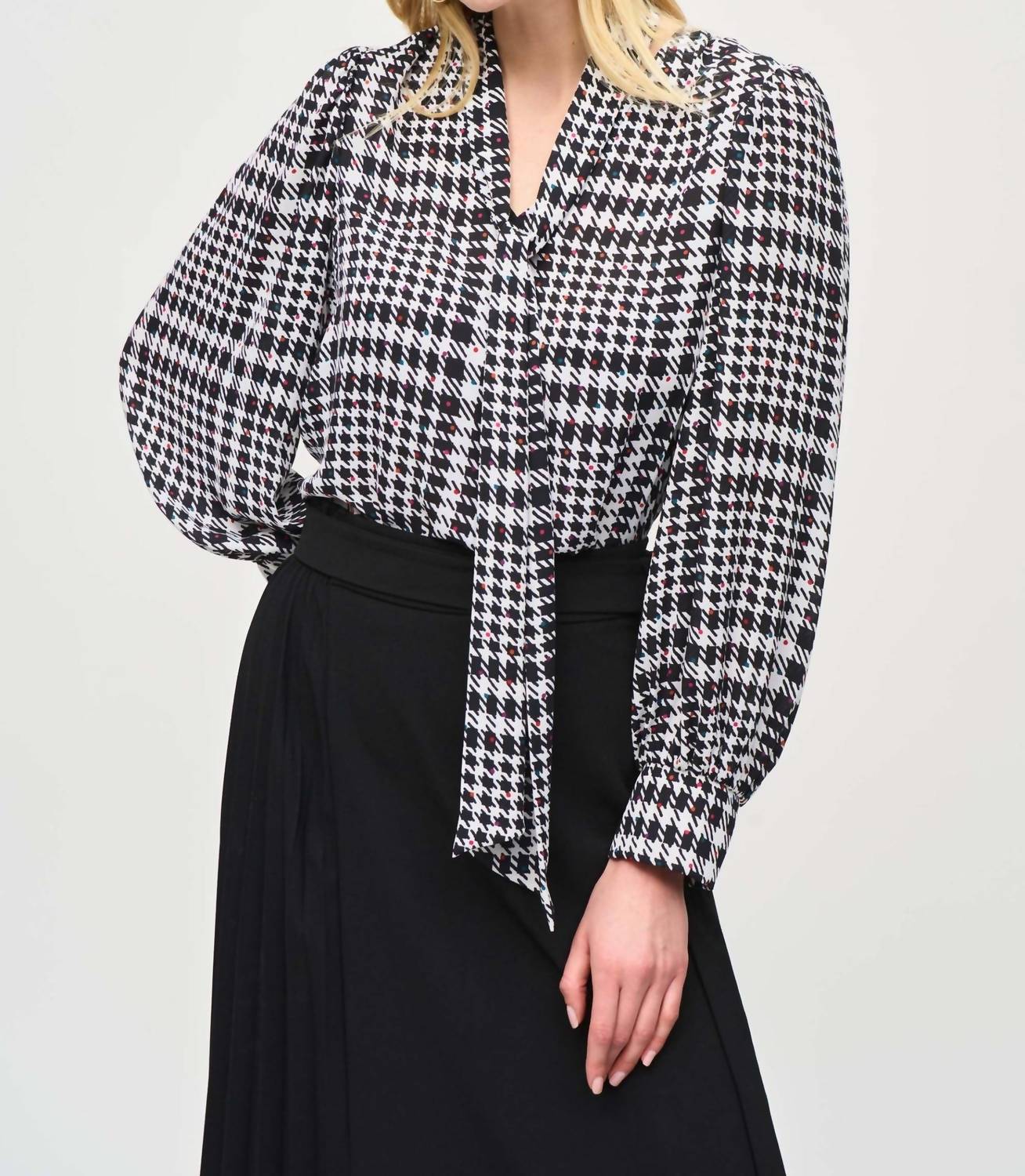 Joseph Ribkoff V Neck Full Sleeve With Neck Tie Blouse in vanilla multi - women's blouse