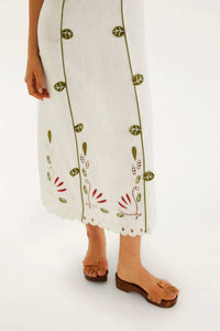 Farm Rio - Tulip Richilieur Embroidered Linen Midi Dress