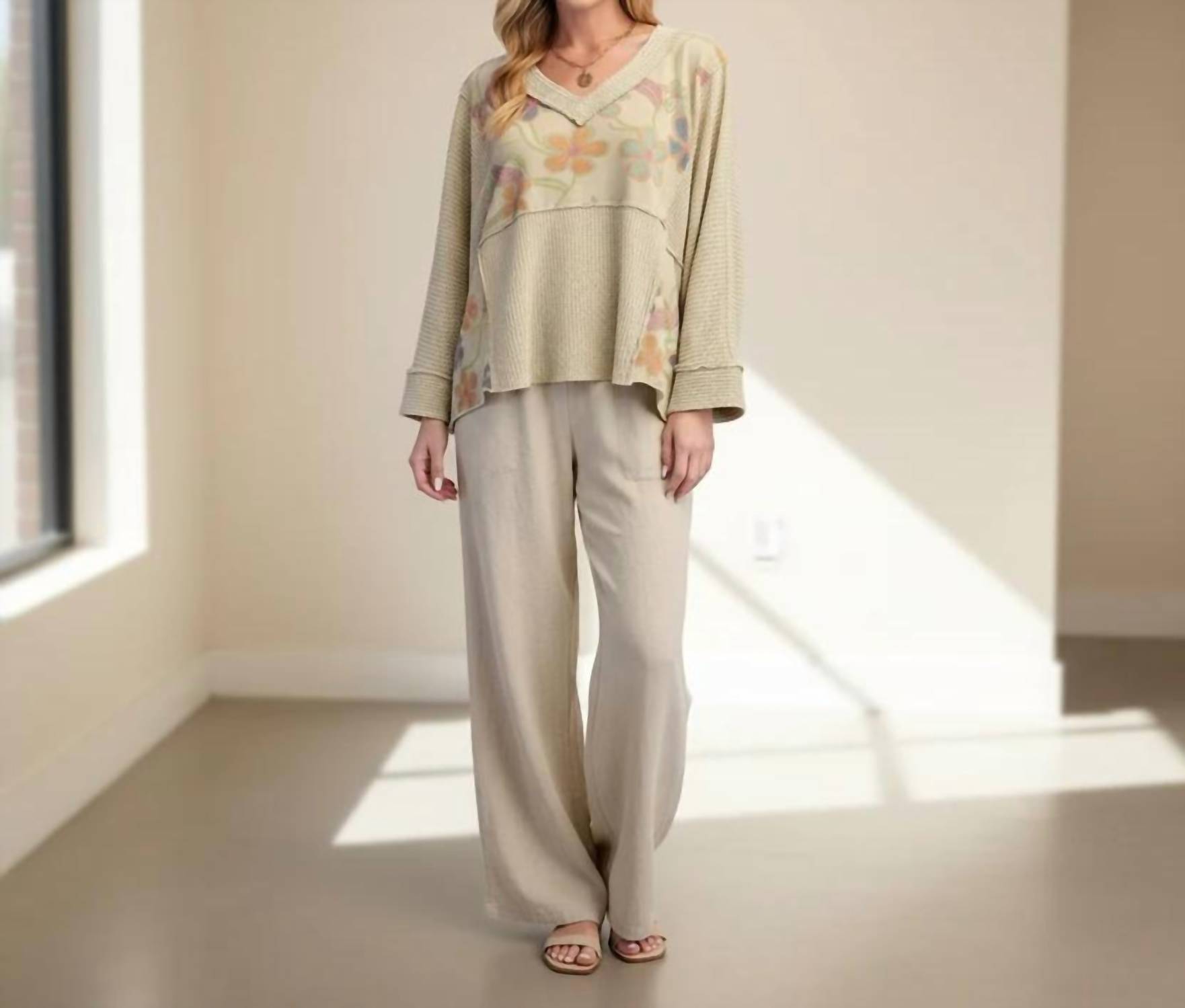 Easel - Floral Panel Waffle Knit Top