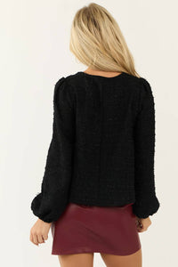 ABLE Front Bow Tweed Long Puff Sleeve Top in black - women's blouse - alternate view