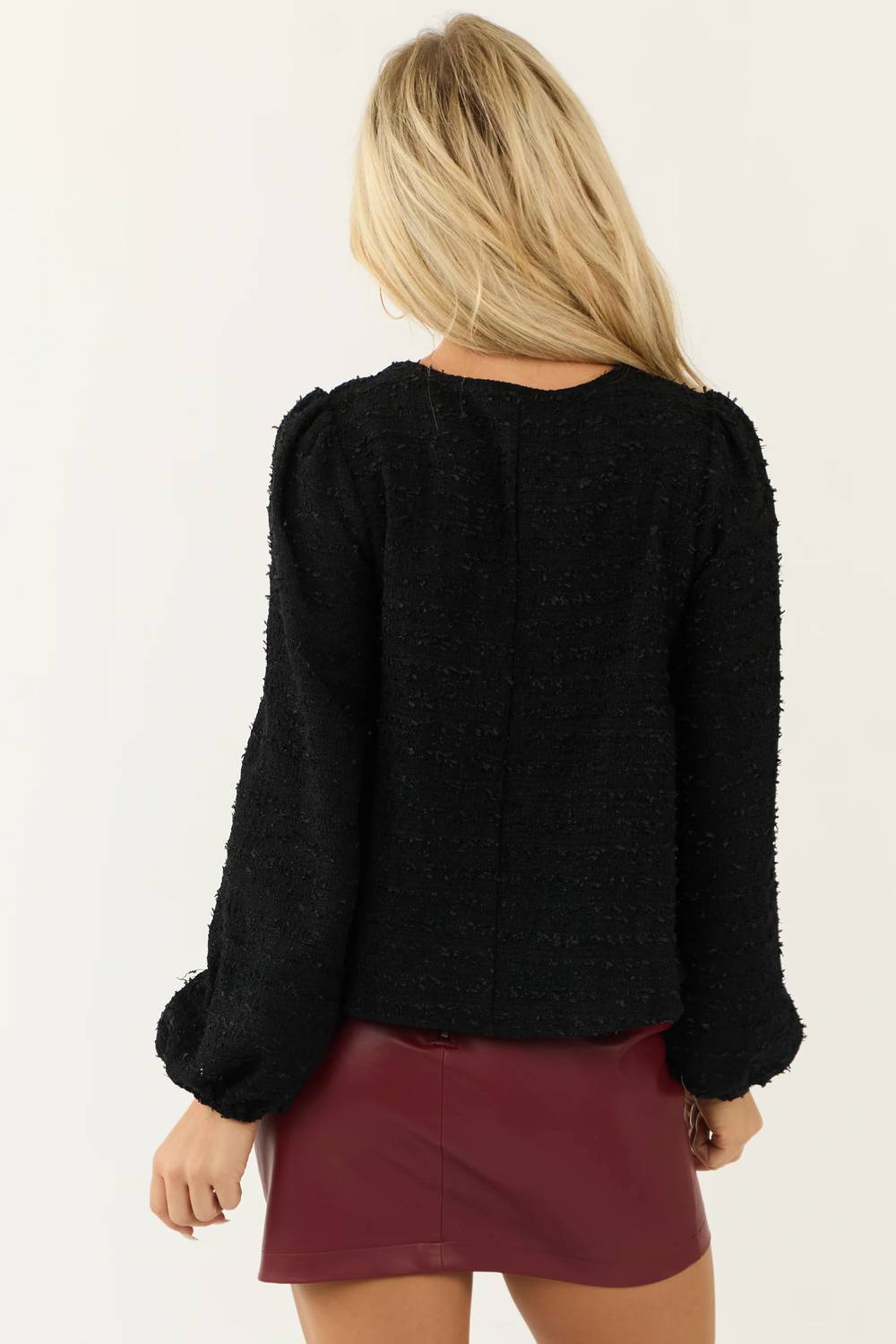 ABLE Front Bow Tweed Long Puff Sleeve Top in black - women's blouse - alternate view