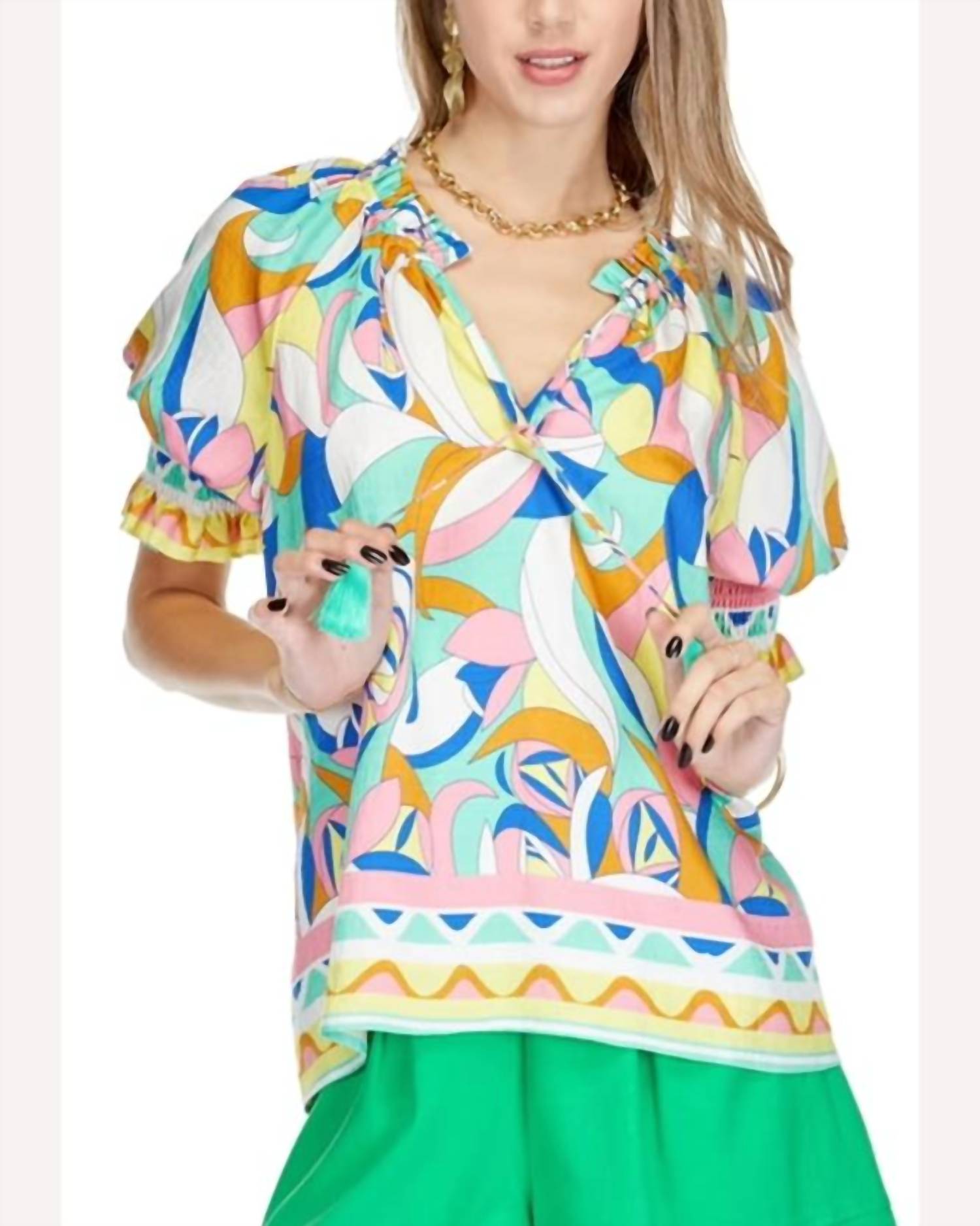 Joy Joy Peasant Tassel Tie Blouse in neapolitan border - women's blouse