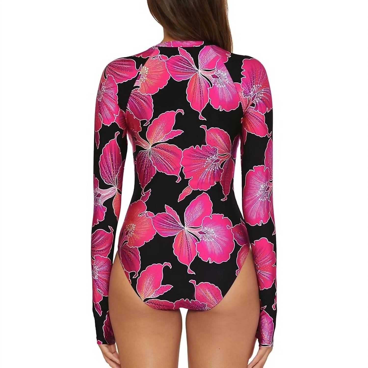 Trina Turk - Women's Floral Long Sleeve Front Zip One Piece Swimsuit