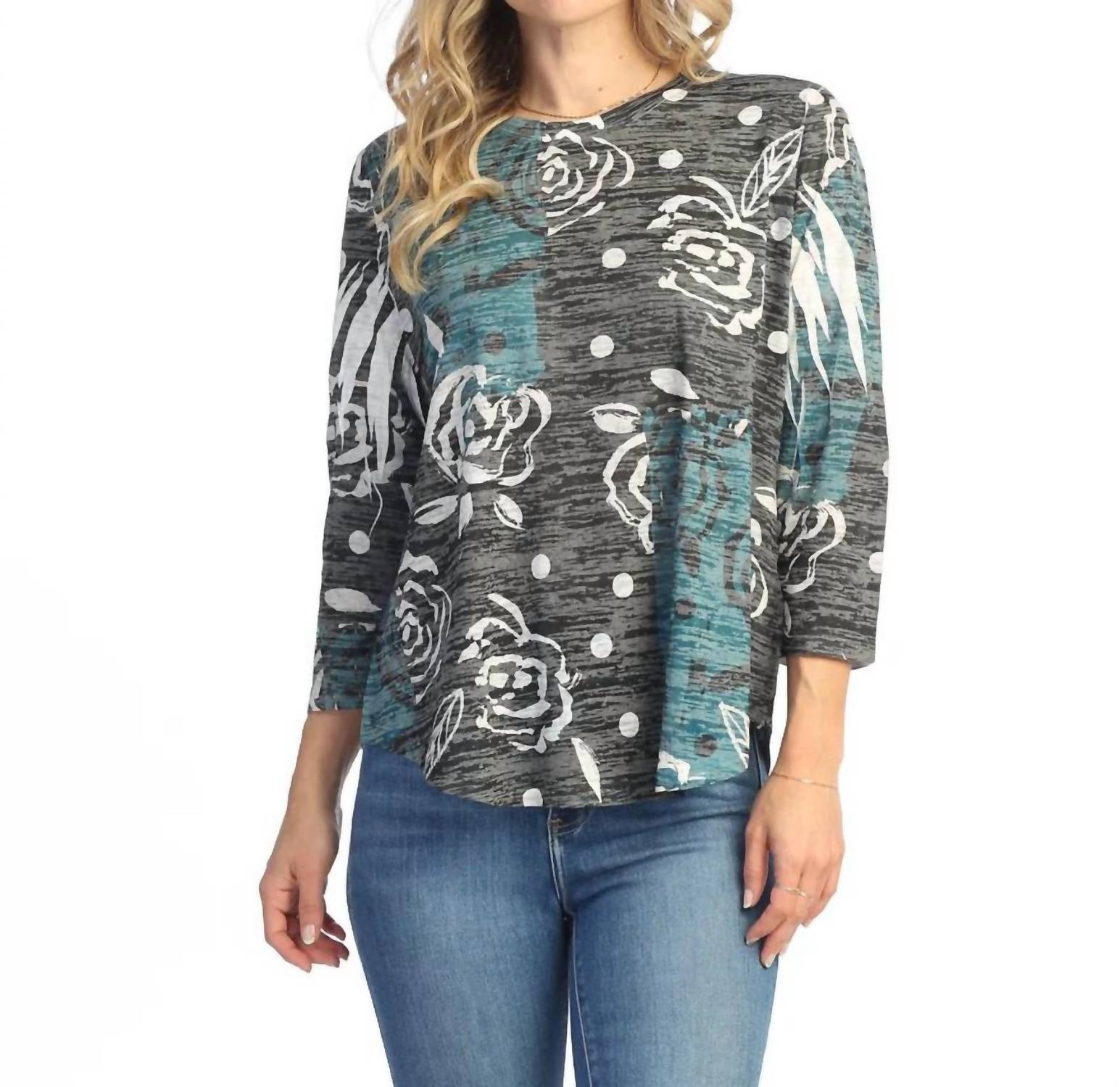 Jess & Jane Rosette Burnout Rounded Hem Top in grey - women's long sleeve top - detail view
