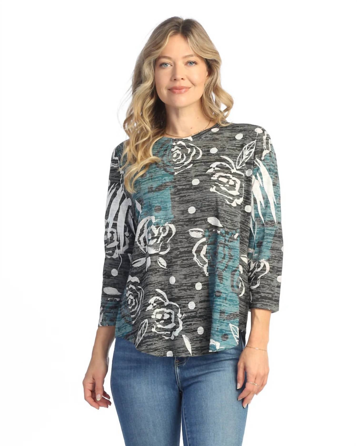 Jess & Jane Rosette Burnout Rounded Hem Top in grey - women's long sleeve top - alternate view