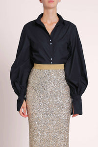 BEULAHSTYLE V-neck Cut Collar Puff Blouse in black - women's blouse