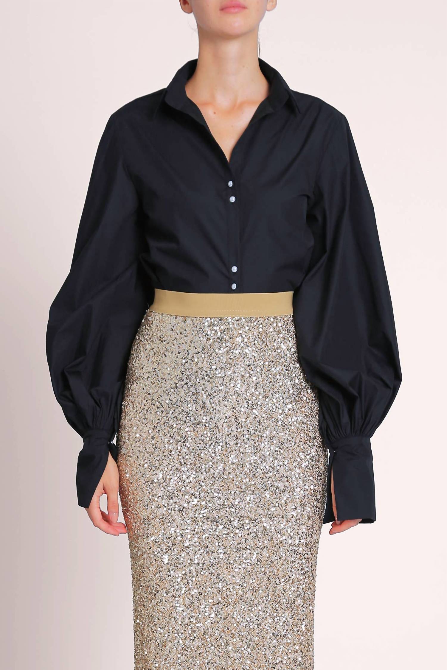 BEULAHSTYLE V-neck Cut Collar Puff Blouse in black - women's blouse
