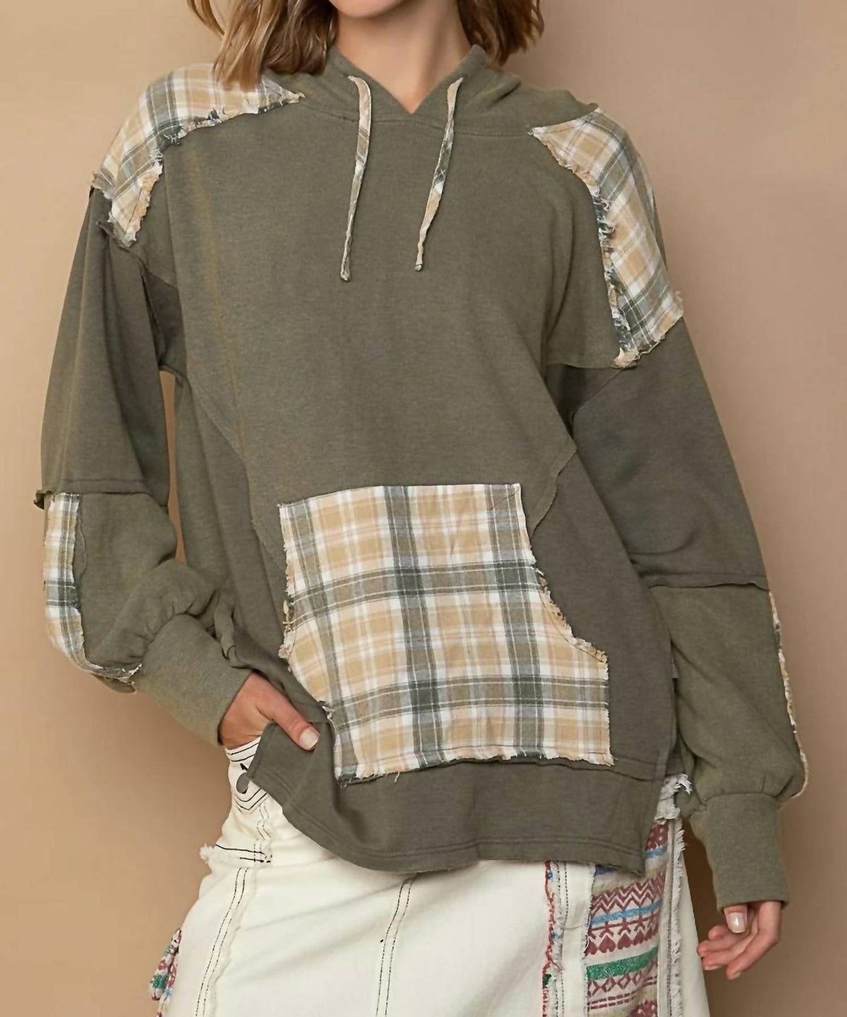 Pol - Plaid Perfection Boxy Balloon-sleeved Hoodied Top