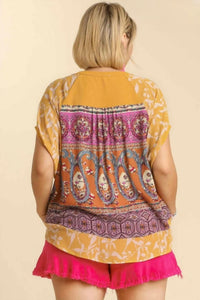 umgee Mixed Print Short Sleeve Top in goldenrod - women's blouse - alternate view