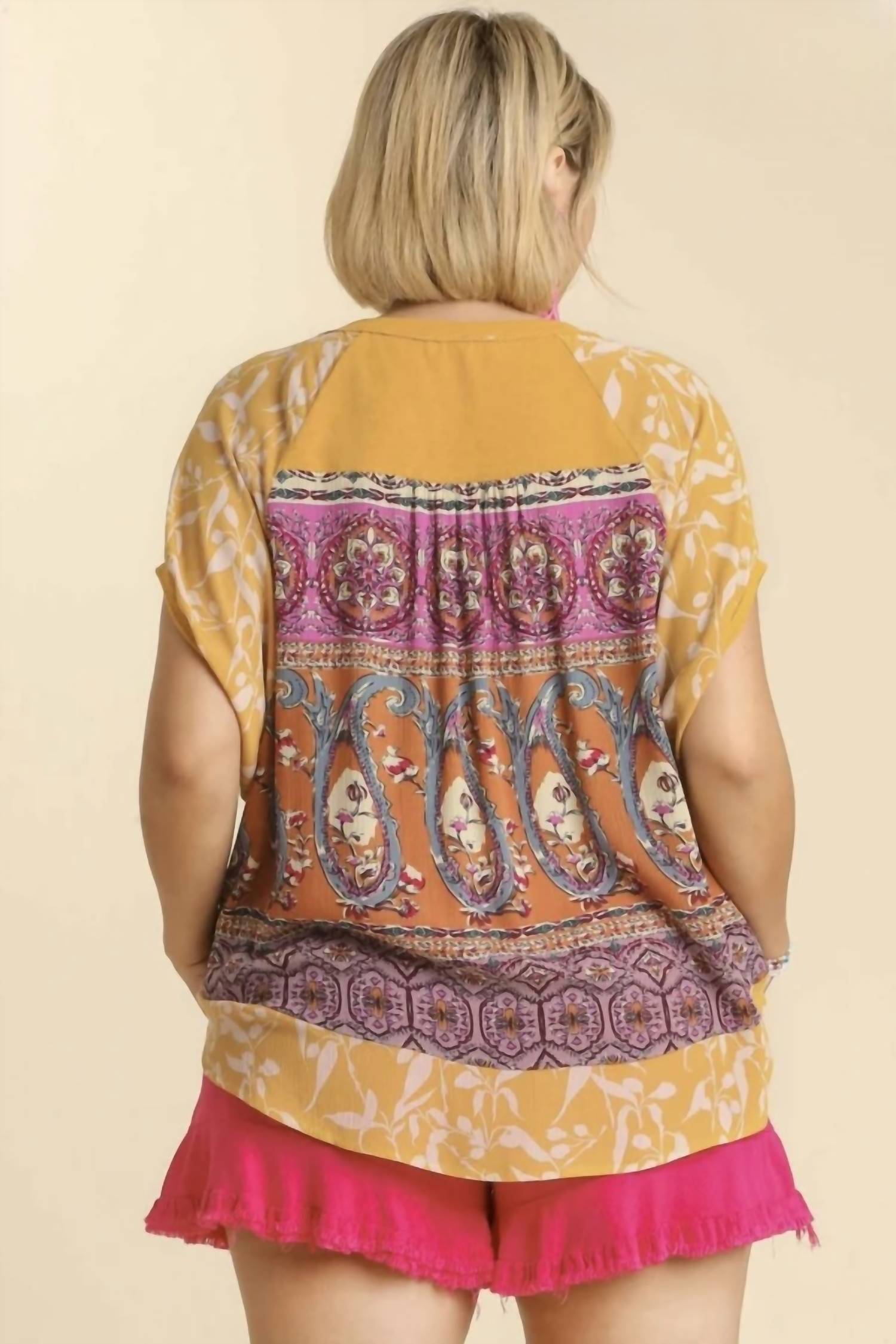 umgee Mixed Print Short Sleeve Top in goldenrod - women's blouse - alternate view
