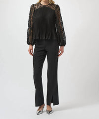 Joseph Ribkoff Pleated Crew Neck Long Lace Puff Sleeves Top in black - women's blouse