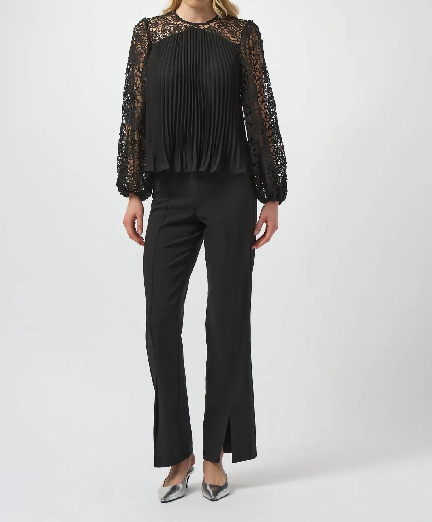 Joseph Ribkoff Pleated Crew Neck Long Lace Puff Sleeves Top in black - women's blouse