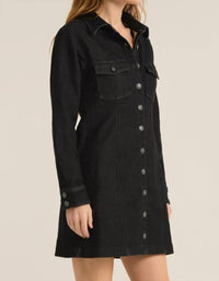 Z Supply Candice Knit Denim Dress in black sand - women's shirt - detail view