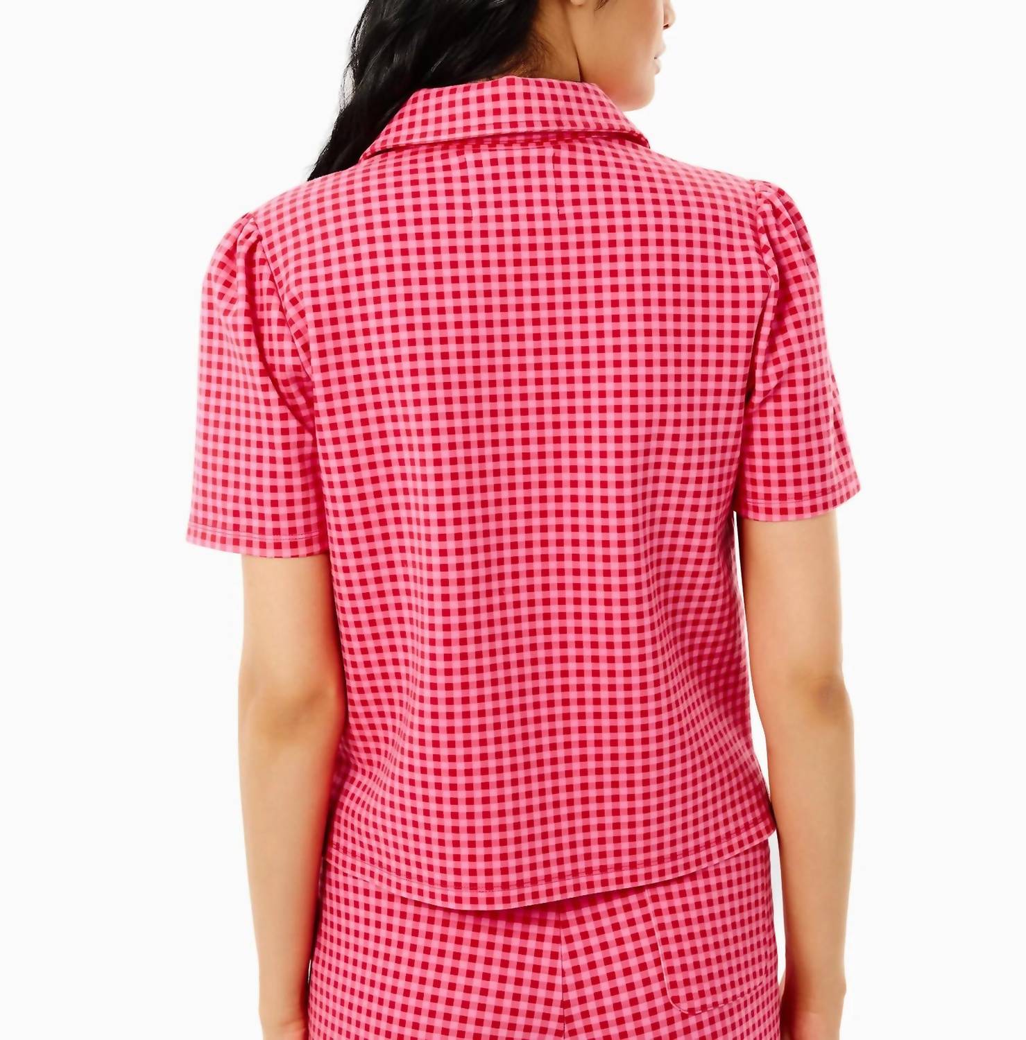 ADDISON BAY Ponte Virginian Polo Top in rose check - women's blouse - view 4
