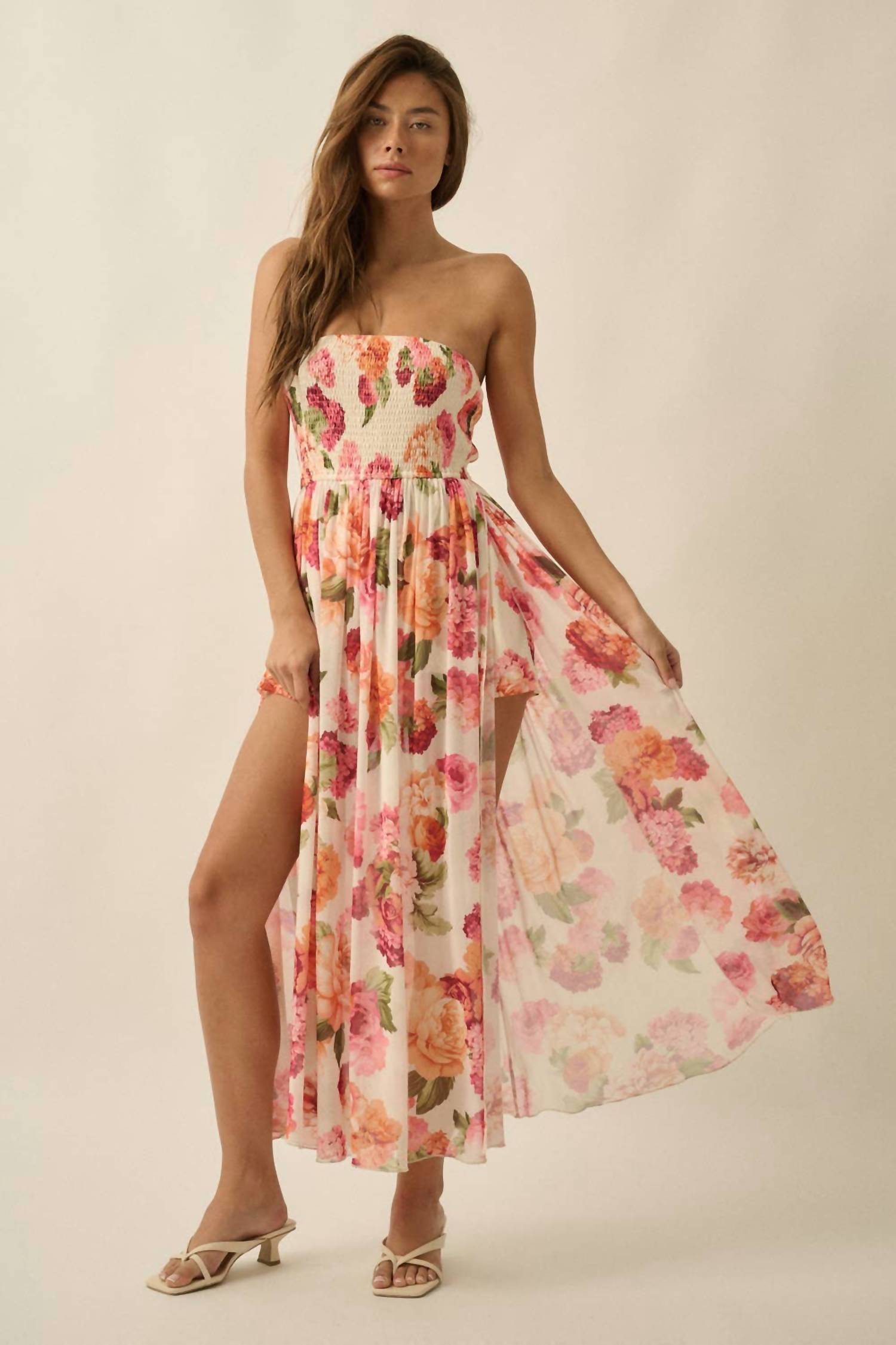 Promesa - Floral-Print Mesh Smocked Strapless Maxi Dress