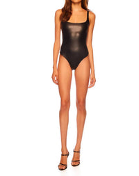Susana Monaco Faux Leather Low Back Tank Bodysuit in black 1 - women's shirt