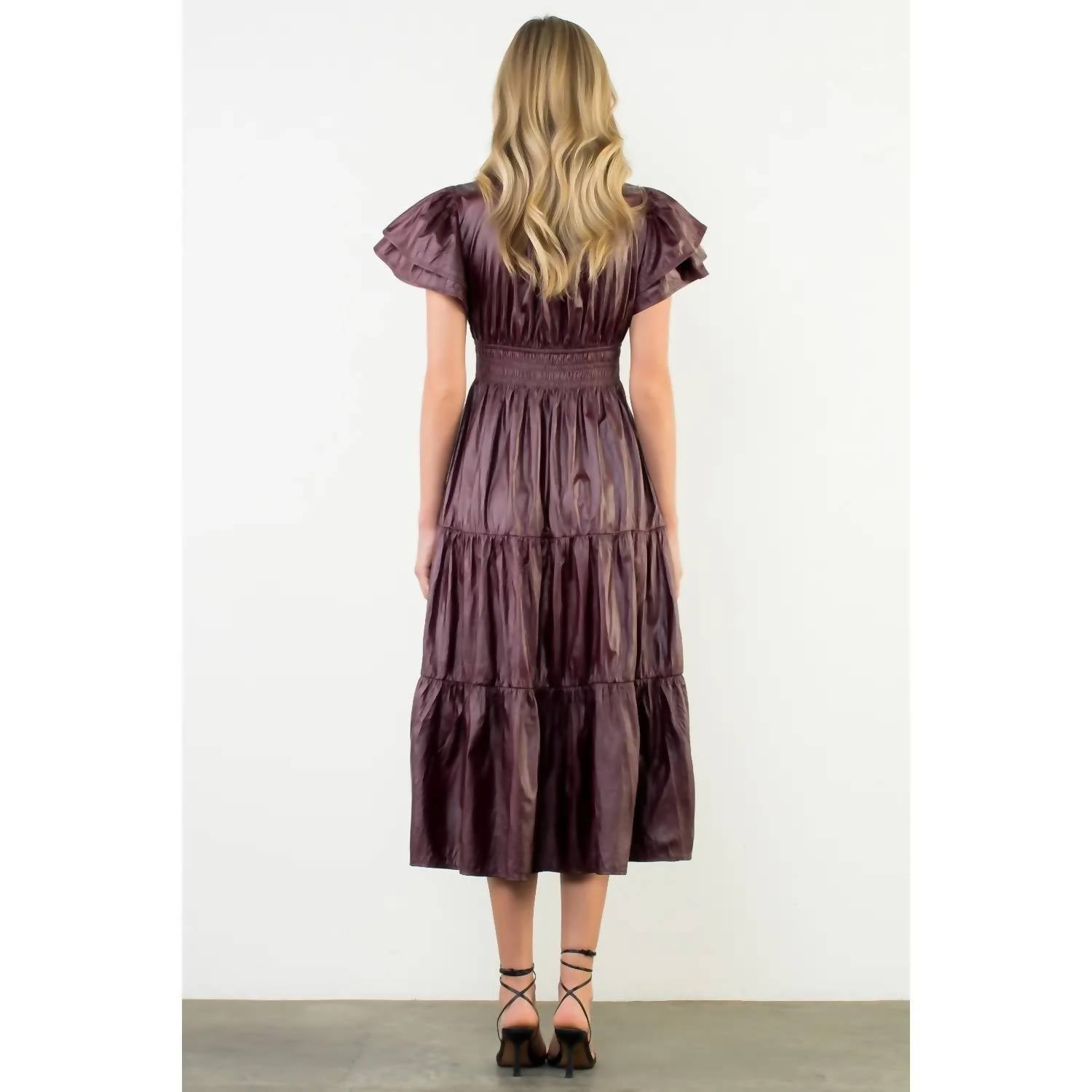 THML Merry Faux Leather Dress in merlot - women's dress - detail view
