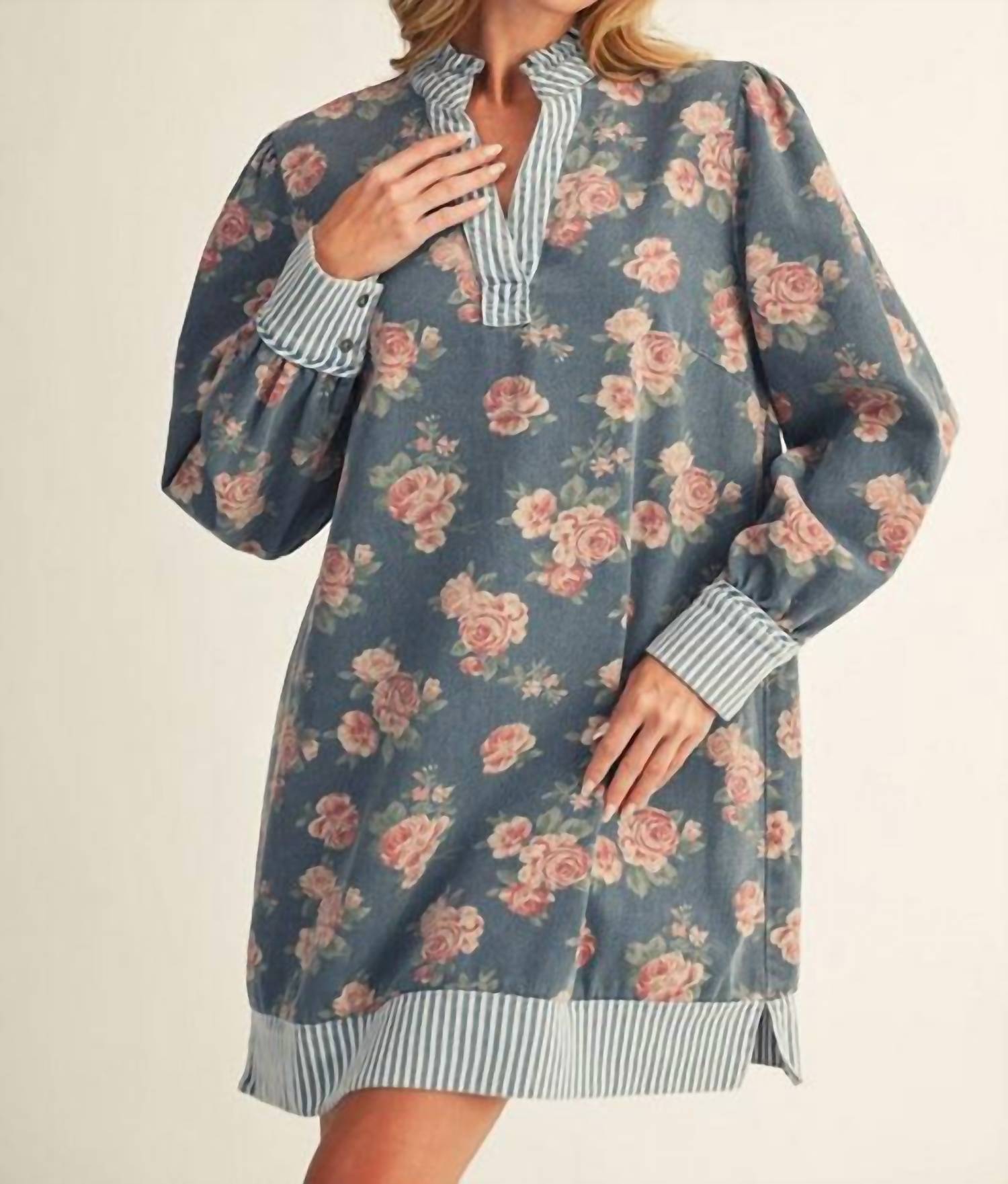 Jodifl - Stripe Detail Floral Denim Dress