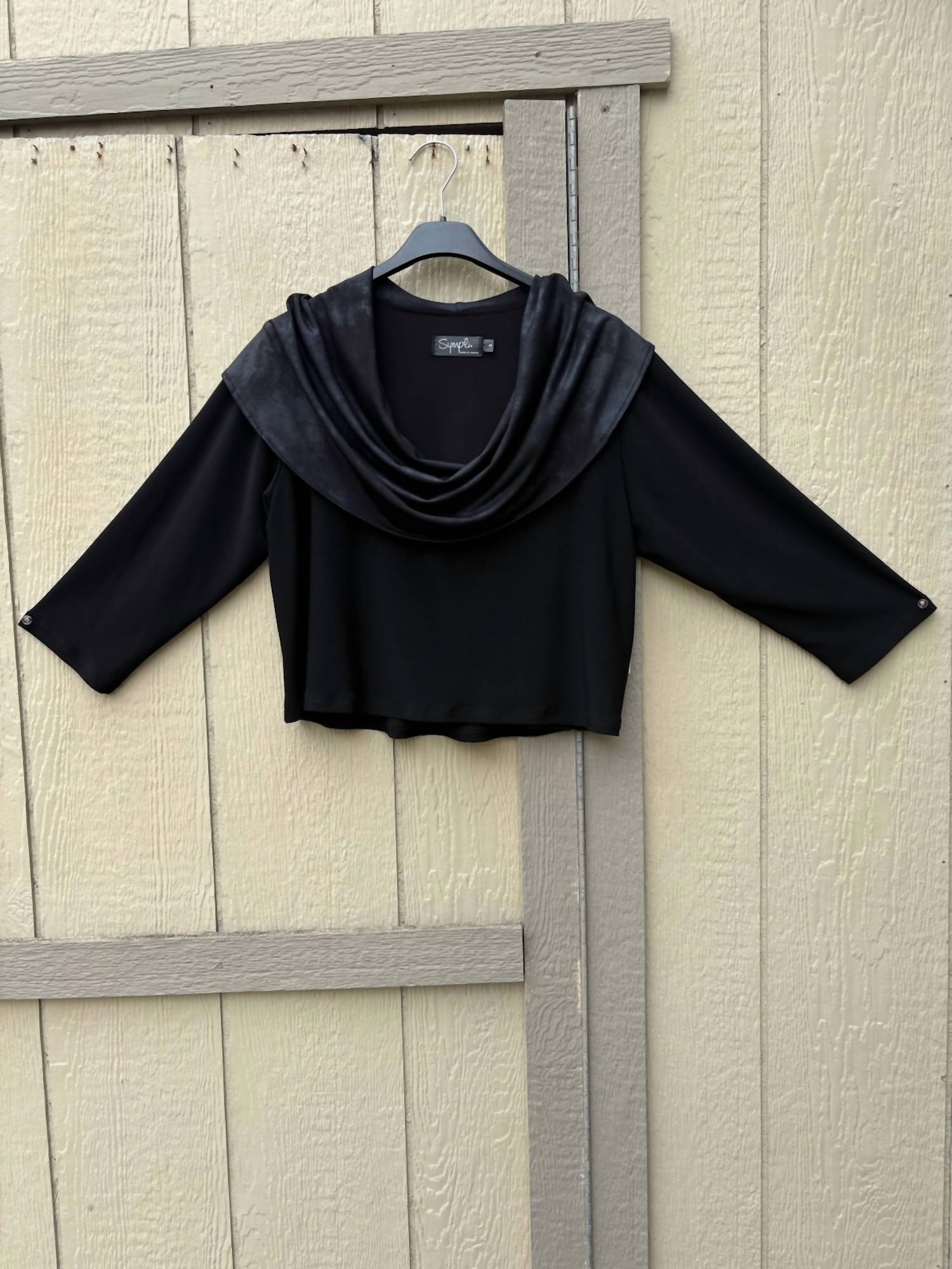 Sympli Women's Storm Shortly Cowl Top in pewter foil black - women's blouse