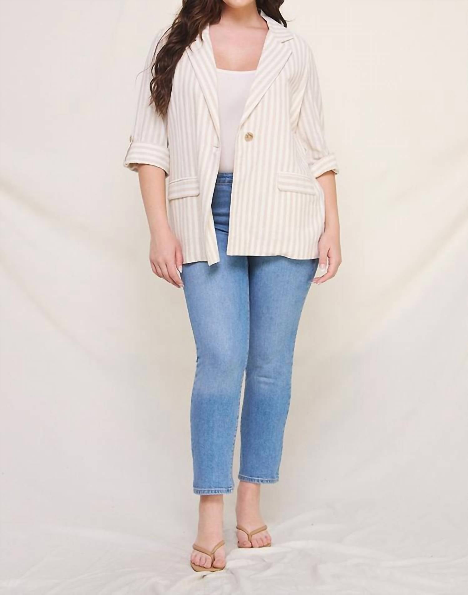 Allie Rose - Striped 3/4 Roll Tab Sleeve Jacket