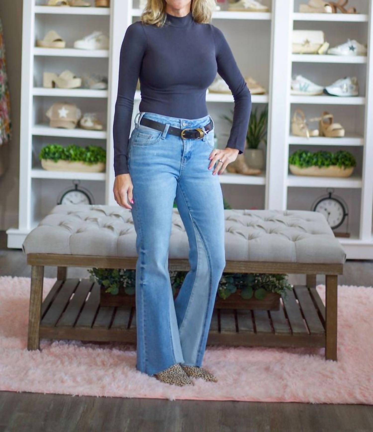 Bayeas High Rise Flare With Raw Hem Jean in light wash - women's jeans - detail view
