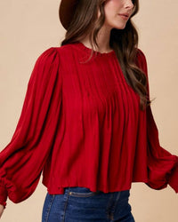 Vanilla Monkey Woven Pintuck Detail Blouse in dark red - women's blouse - detail view