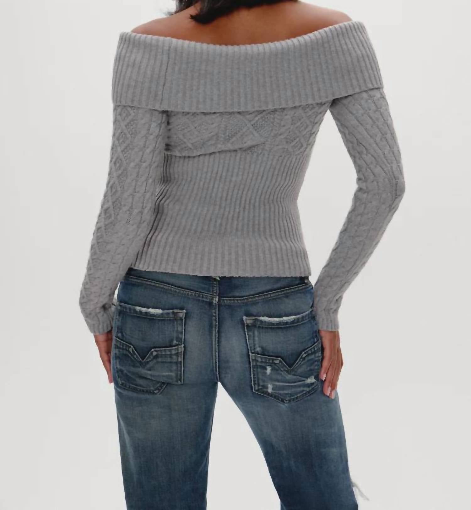 Frankies Bikinis Jazz Off The Shoulder Knit Sweater in cloud cover - women's sweater - detail view