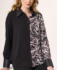 Angel Apparel Animal Print Shirt Wtih Vegan Leather Trim in black zebra - women's shirt - detail view