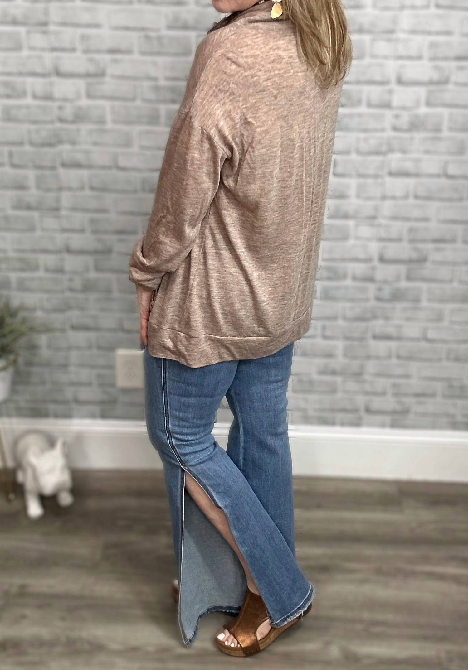 And The Why - Metallic Animal Print Accent Funnel Neck Top