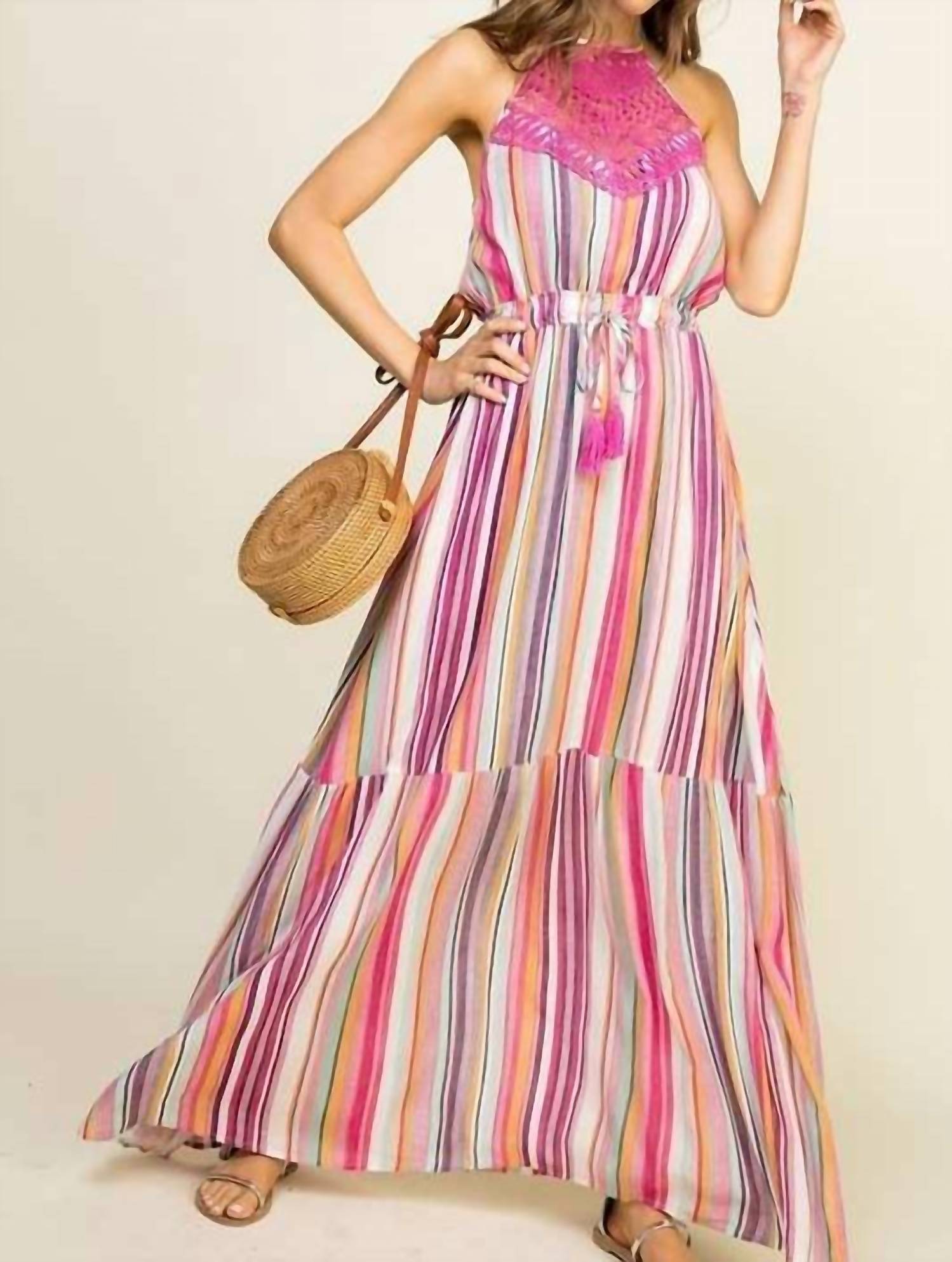 Main Strip - Striped Halter & Lace Maxi Dress