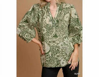 umgee Paisley Button Down V Neck Blouse in olive - women's blouse