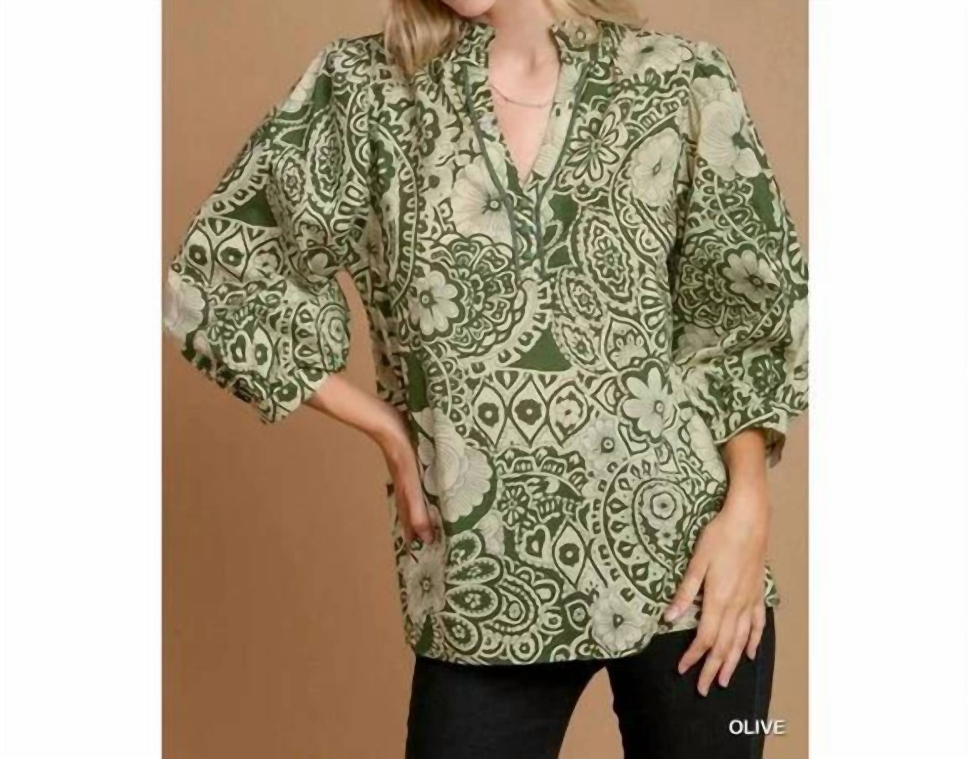 umgee Paisley Button Down V Neck Blouse in olive - women's blouse