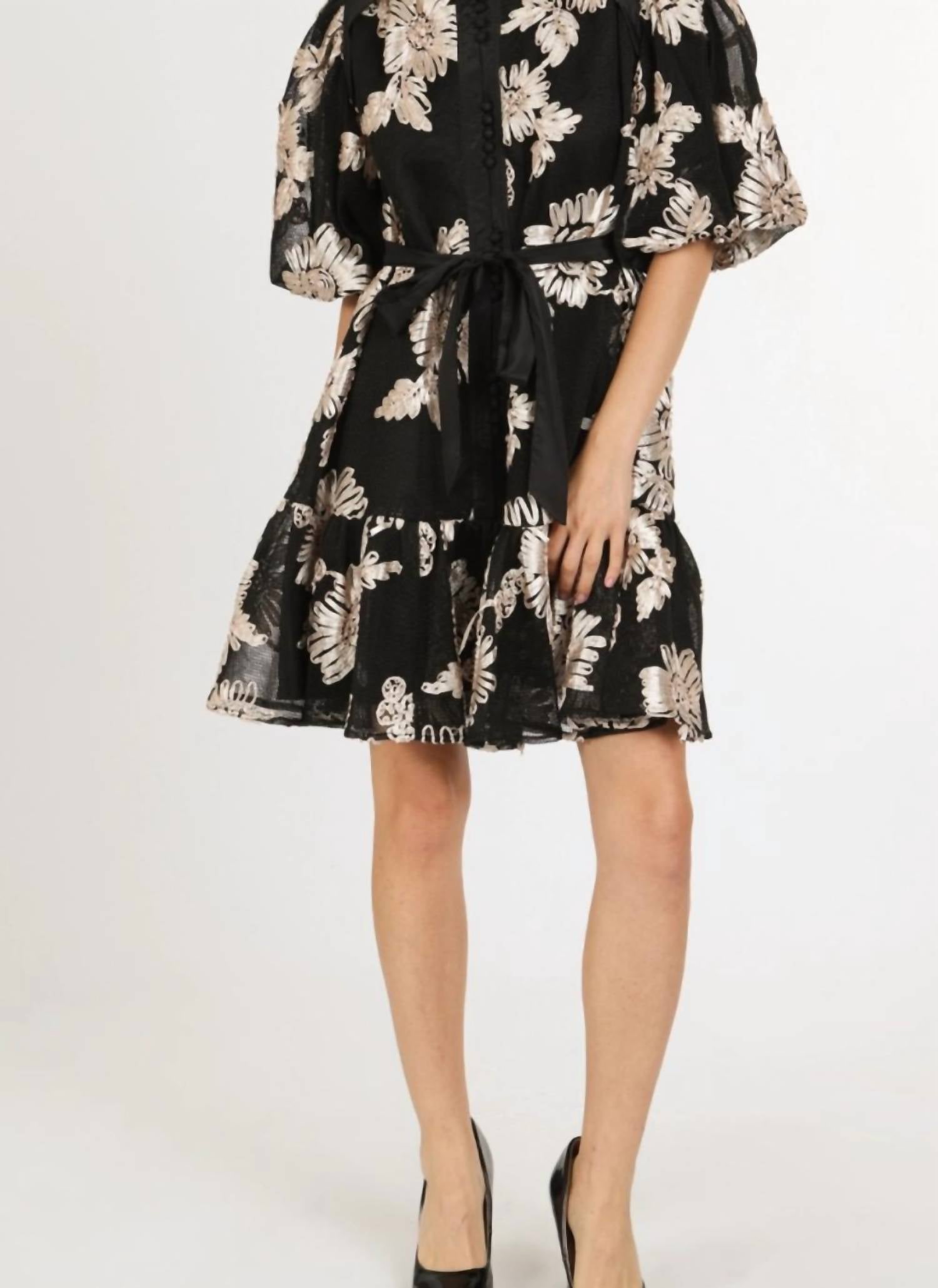 Beulahstyle - Jessica Floral Embroidered On Mesh Balloon Mini Dress