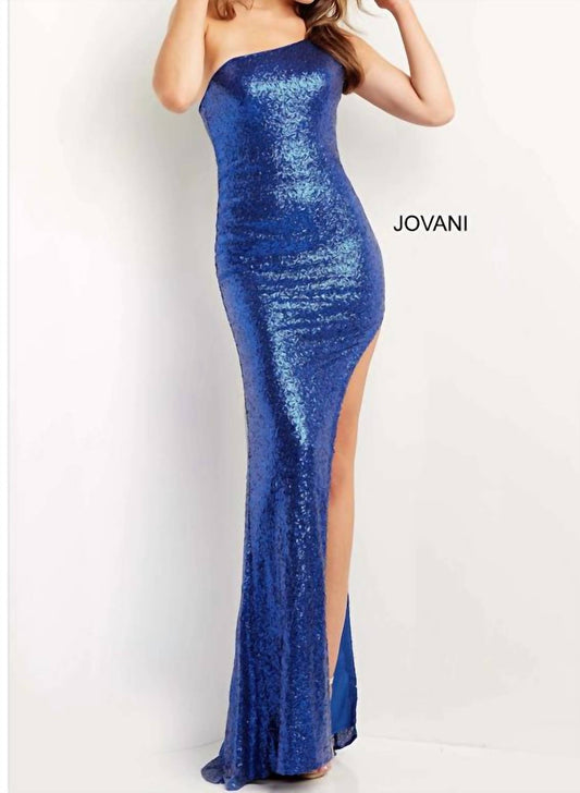 Jovani - Sequin One Shoulder High Slit Fitted Prom Gown