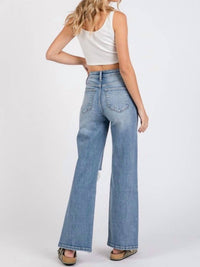PETRA High Rise Stretch Slim Wide Leg With Destroyed Hem Jean in blue - women's jeans - detail view