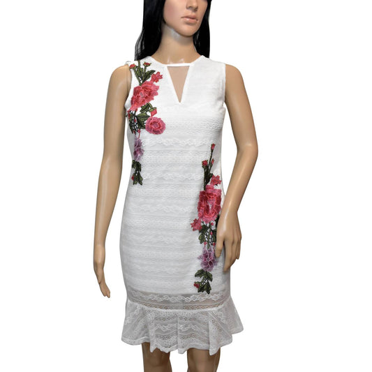 Bebe - FLORAL EMBROIDERED SLEEVELESS LACE DRESS