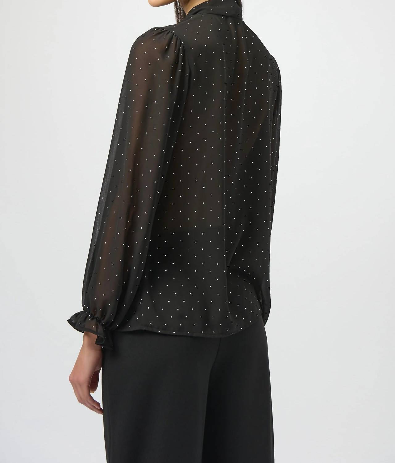 Joseph Ribkoff Studded Sheer Chiffon Pussy Bow Top in black silver - women's blouse - detail view