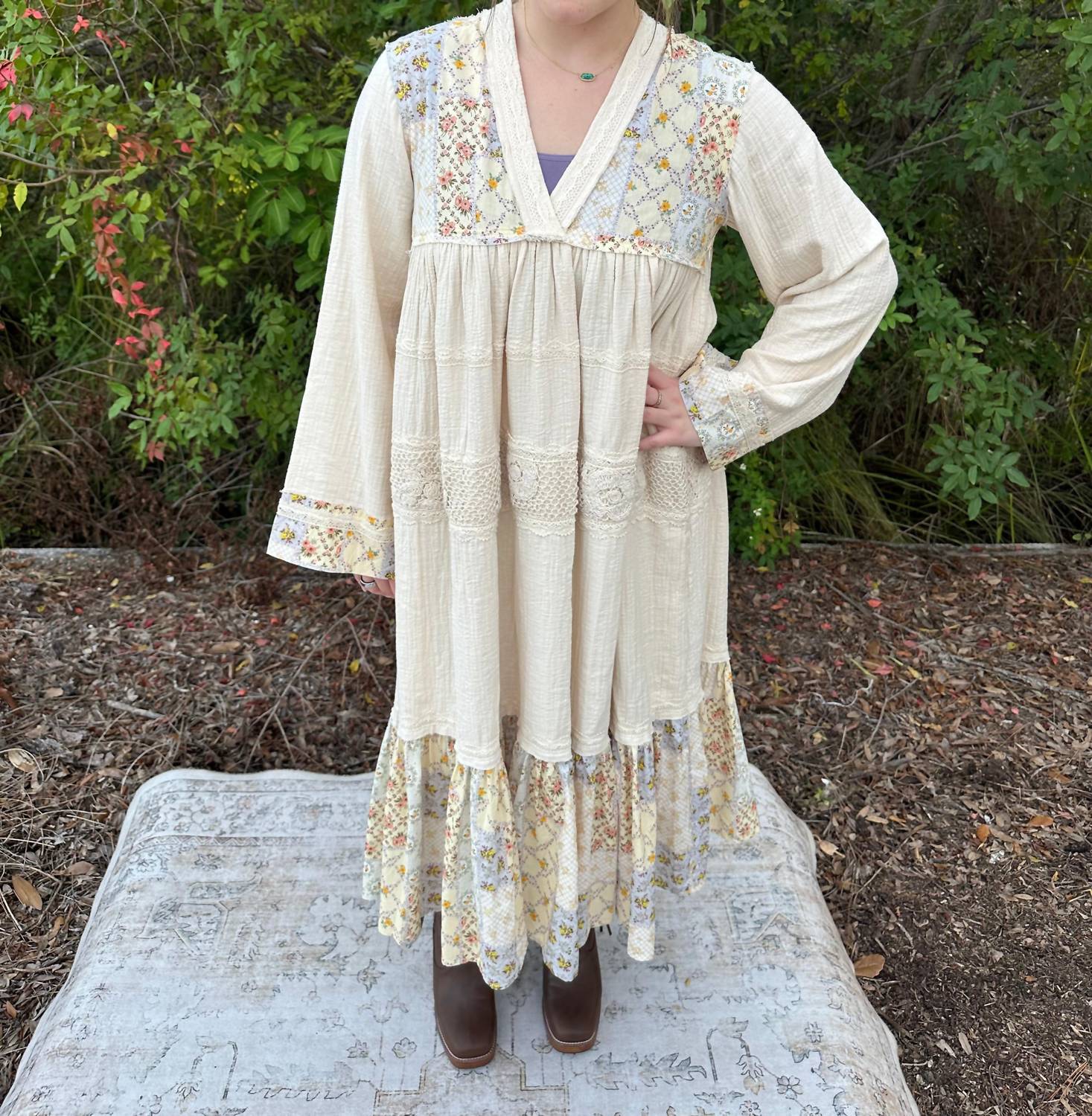 POL Long Sleeve Cotton Gauze Tiered Dress With Crochet Trim in natural - women's dress - alternate view